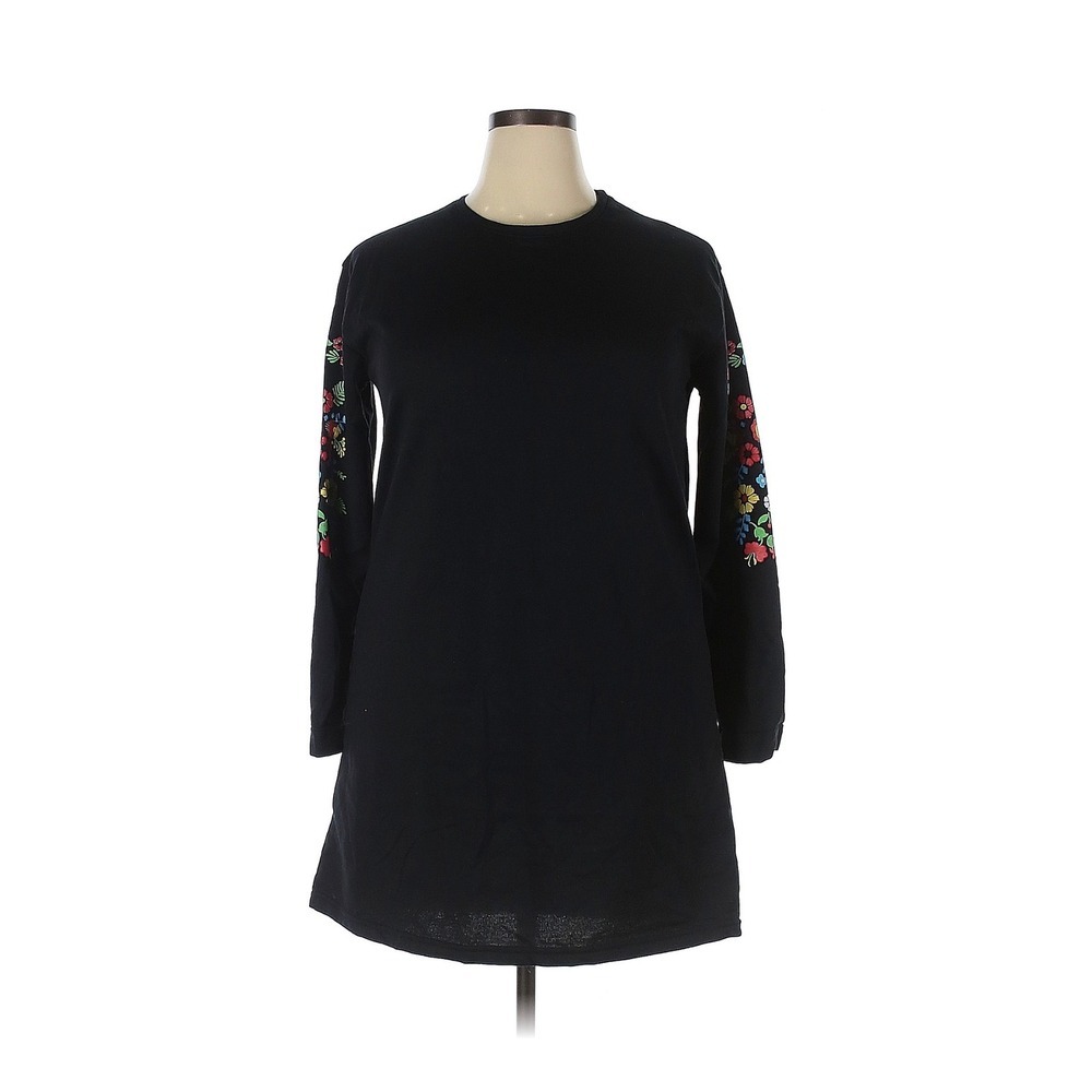 Black Floral Printed Sleeve Mini Sweatshirt Dress‎ XXL Womens Boho
